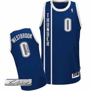 NBA Russell Westbrook Authentic Homme's Navy Blue Maillot - Adidas Oklahoma City Thunder #0 Alternate Autographed
